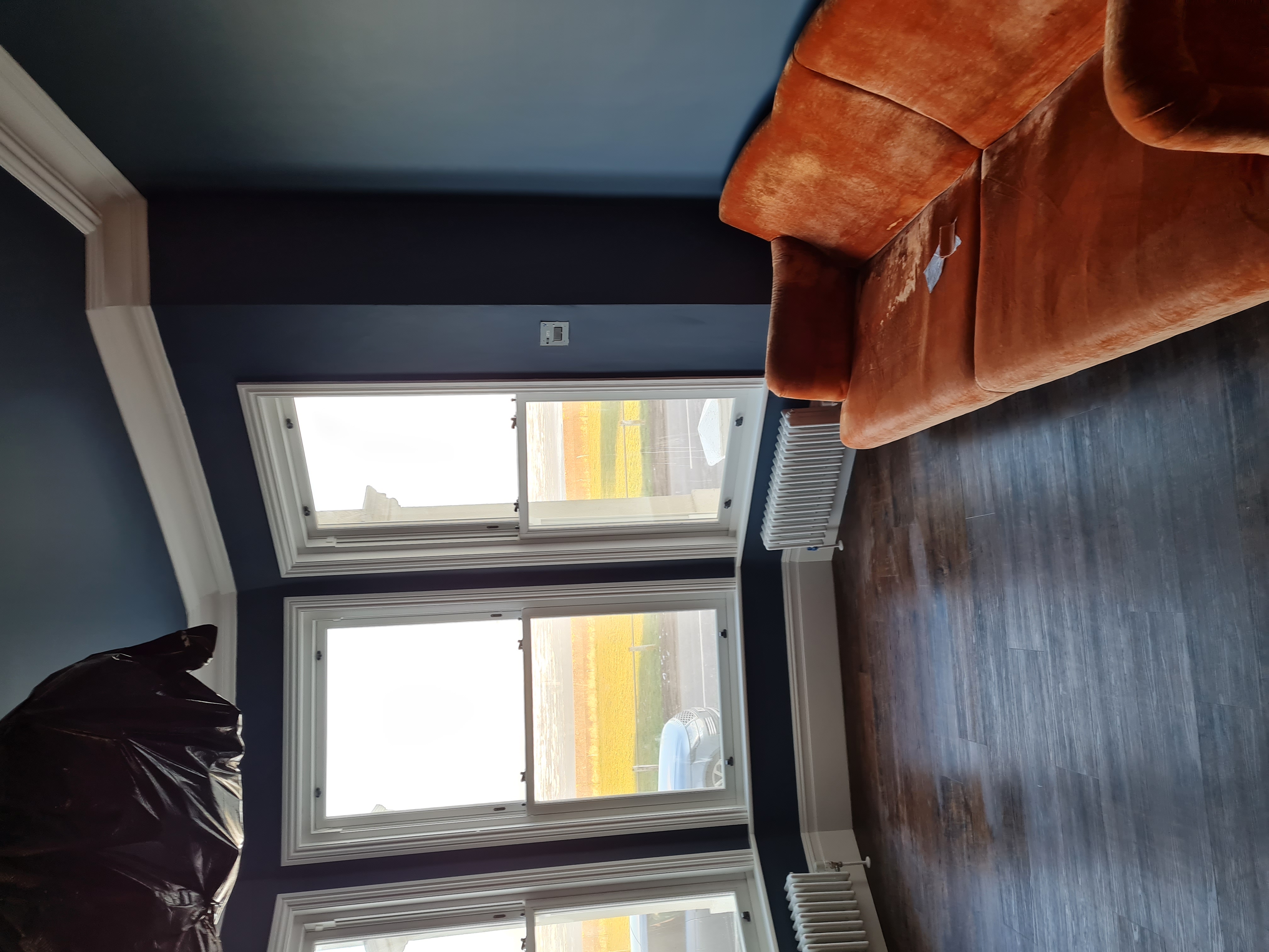 Navy blue bay window room with sea views and white sash windows